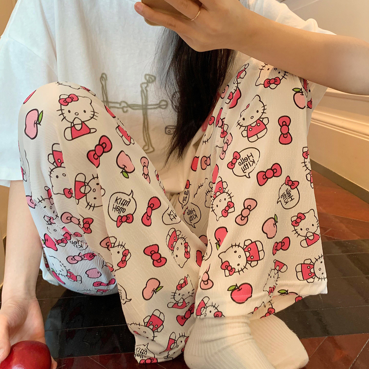 여름 여자를위한 크로스 보더 도매 키티 고양이 핑크 잠옷 바지 얇은 귀여운 캐주얼 루즈 홈 바지 산책 바지