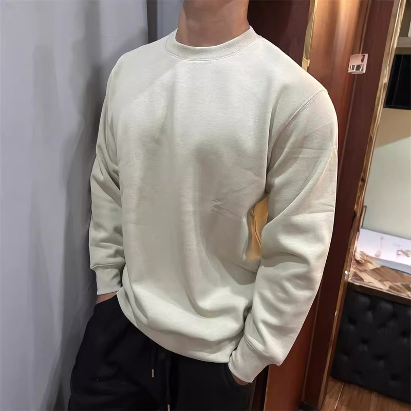 Autumn and Winter fleece-lined Solid Color Casual Sports Fitness Sweater Base Shirt Warm Simple Long Sleeve Men's plus size Round Neck Top