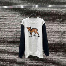 ch25秋冬新款时尚拼色长袖小鹿提花圆领套头毛衣