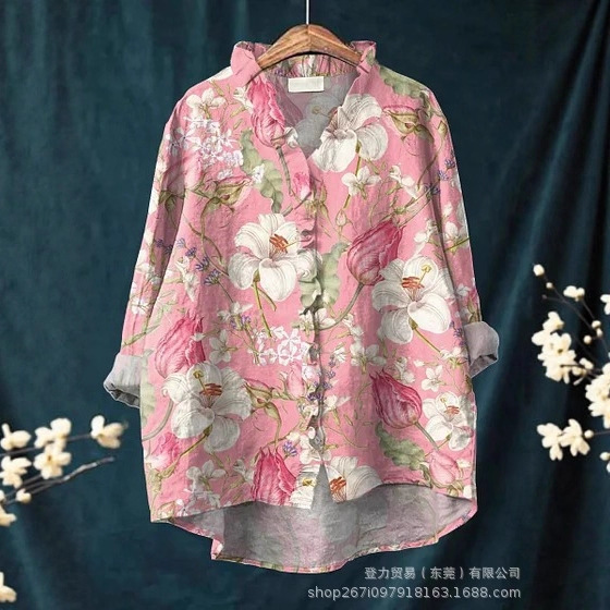 2025 European and American Cross-Border Independent Site Amazon Digital Print Round Neck Long Sleeve Lace Shirt Floral Style