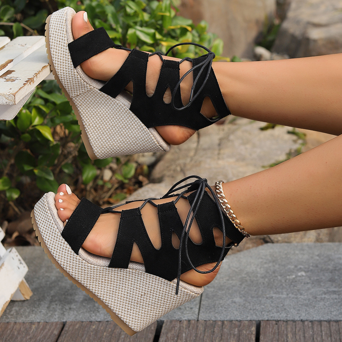 Sandali zeppa donna piattaforma lacci peep toe estivi_voghion.com