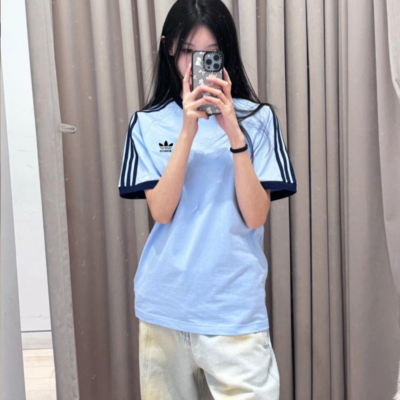 ジェニーと同じスタイルのスリーストライプラウンドネックピュアコットン半袖Tシャツレディースサマーシャムロック韓国風半袖カジュアルプルオーバー|undefined