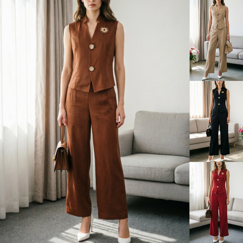 European and American Cross-Border Foreign Trade New Women's Clothing Elegant Commuter Fashion Button Brooch Vest and Trousers Two-Piece Set for Women European and American Cross-Border Foreign Trade New Women's Clothing Elegant Commuter Fashion Button Brooch Vest and Trousers Two-Piece Set for Women