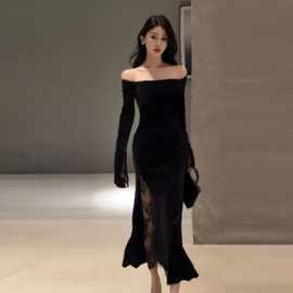 辣妹黑色高级感丝绒连衣裙女网红秋冬新款法式气质蕾丝开叉裙子