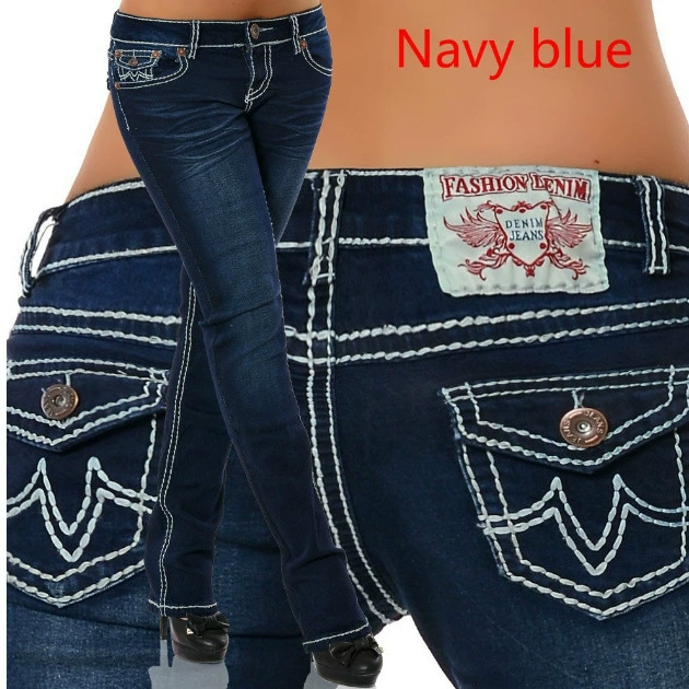 Denim Elastic Jeans, European Style Mid-Rise, Stretch Skinny Trousers, Light/Dark Blue