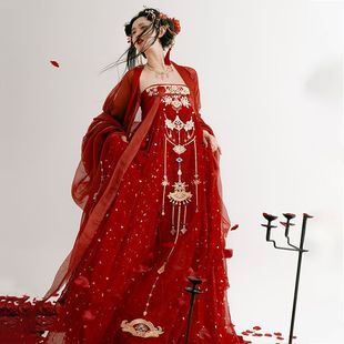Red Tang Dynasty Heavy Embroidery Large Sleeve Shirt and Hezi Skirt, Spring and Autumn Hanfu Women's Wedding Chest-Length Ru Skirt Ancient Costume Set