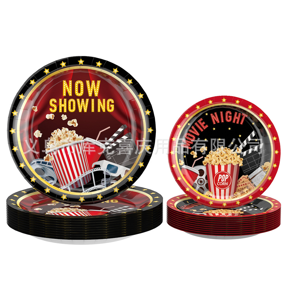 Nueva película noche tema Fiesta decoración traje cumpleaños plato de papel desechable taza de papel pull bandera decoración suministros