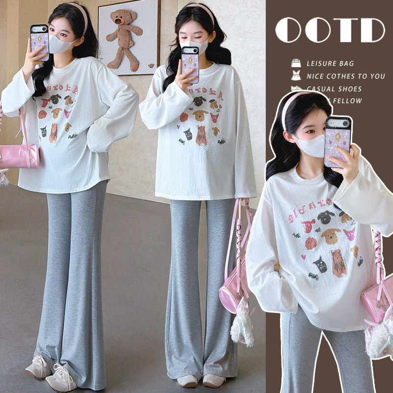 Real Shot of Stylish Pregnant Women's New Spring/Summer Loose-Fit Printed T-Shirt, Thin Sun-Protective Shirt, and Maternity Flared Pants Set