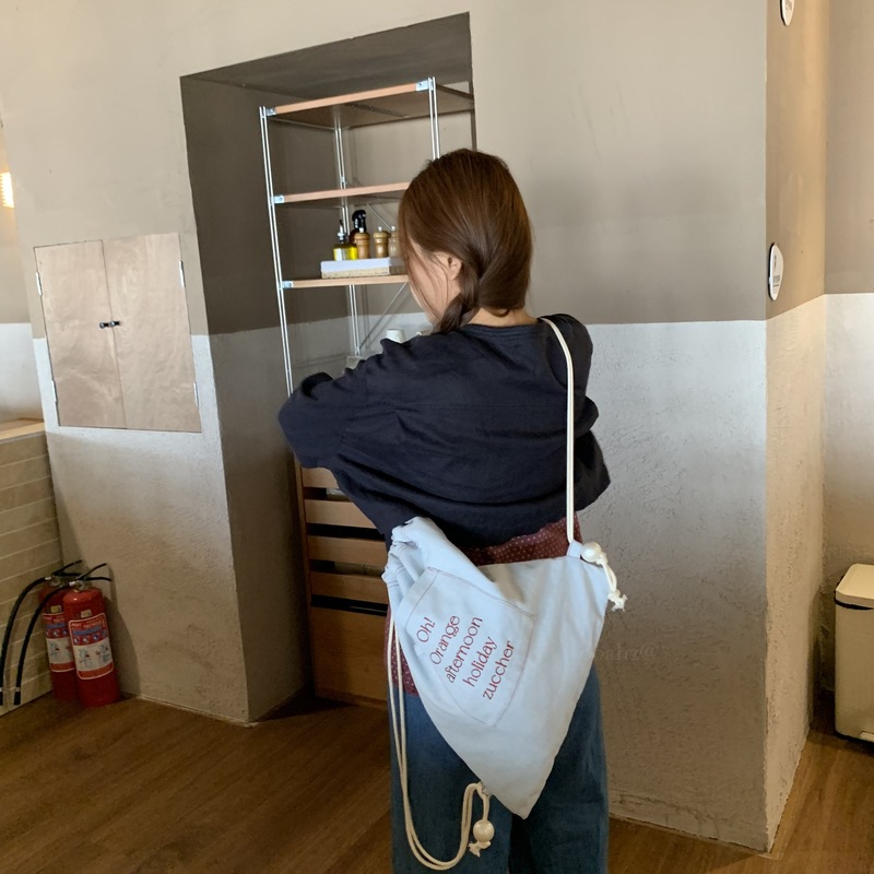 ooahz 自家製ホリデーフロスティング ~ 韓国ニッチデニム刺繍巾着バックパックレイジーカラースクールバッグ|undefined