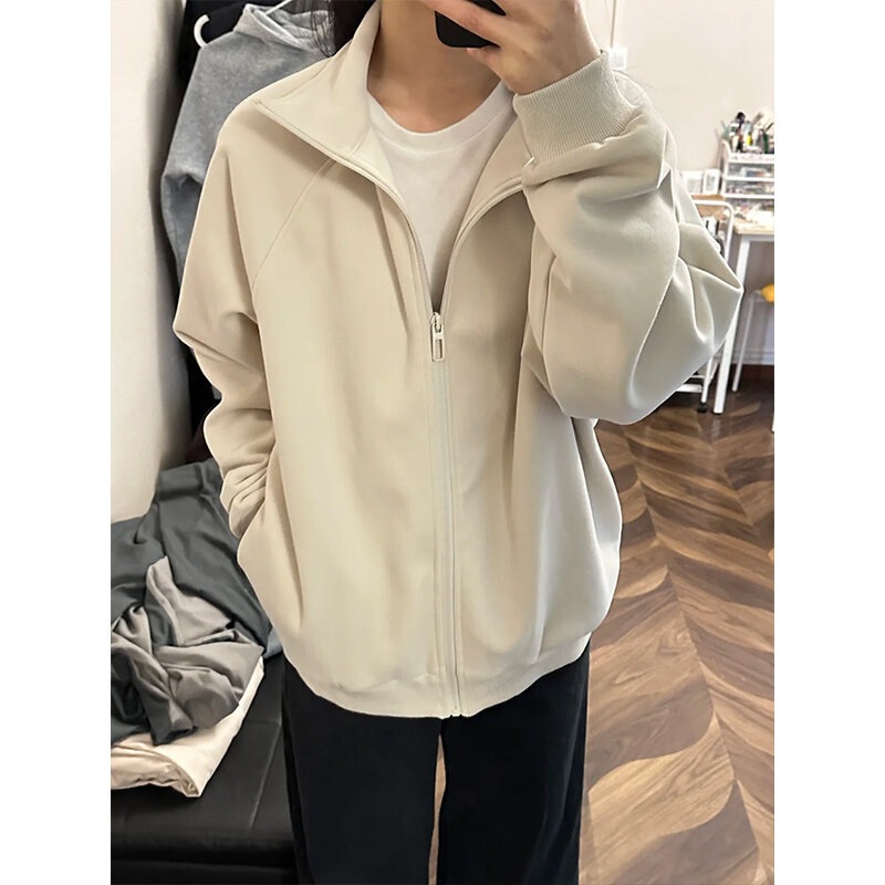 Women's Stand-Collar Sweatshirt Jacket, Straight-Shoulder Baseball Jacket, Early Spring Korean Style Outfit, Without Hood Women's Stand-Collar Sweatshirt Jacket, Straight-Shoulder Baseball Jacket, Early Spring Korean Style Outfit, Without Hood
