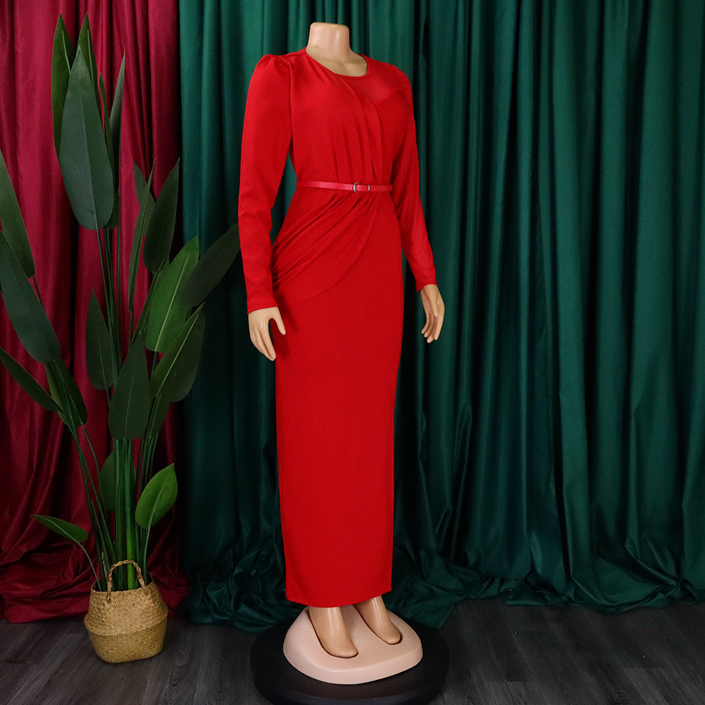 Damen Abendkleid Mit Langarm Und Mesh-einsatz Elegantes Festkleid_voghion.com