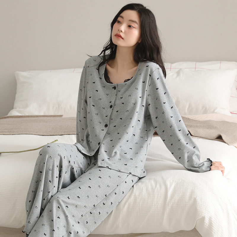 100% Cotton Pajamas Women's Long-Sleeved Cardigan High-End Spring and Autum Sweet Home Wear Women's Casual Cotton Suit