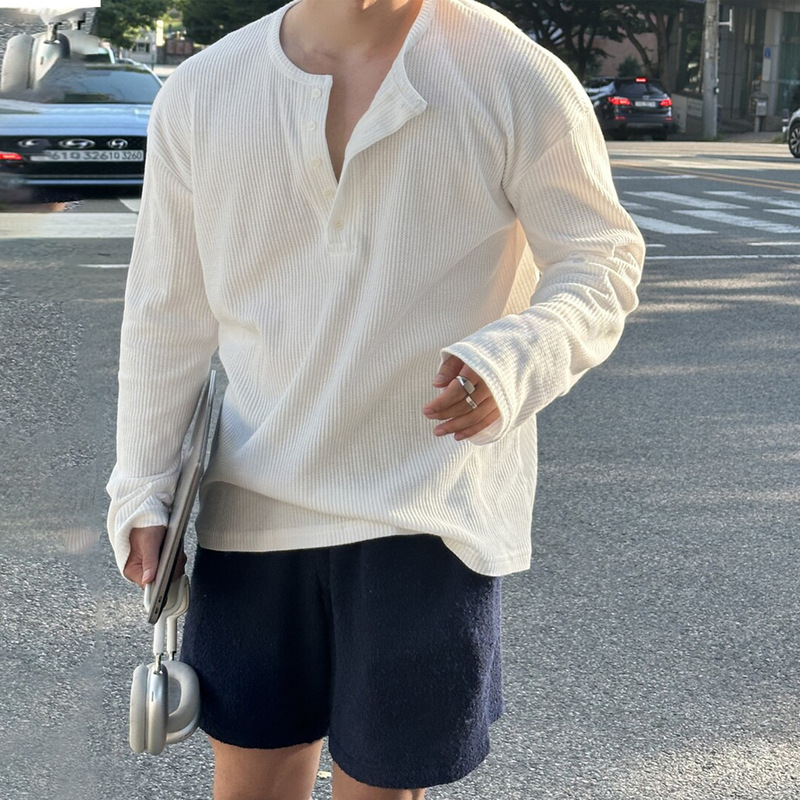 Waffle Henry Collar Long-Sleeved T-Shirt for Men, Spring and Summer New Style, Casual, Versatile, Loose, Korean Style, Simple and Fashionable Top
