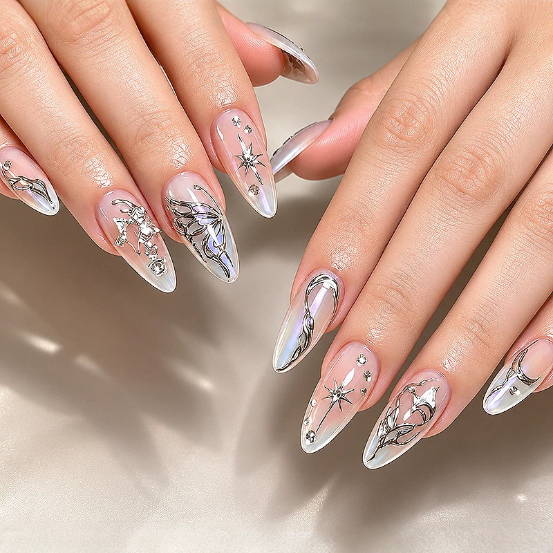 30 pieces of sweet and cool silver butterfly gradient press-on nails with metallic embossed stars, detachable fake nails for hot girls 30 pieces of sweet and cool silver butterfly gradient press-on nails with metallic embossed stars, detachable fake nails for hot girls