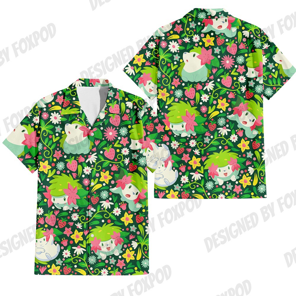 Colorido Pokémon Elf 3D Print Camisa de botones de solapa de manga corta casual suelta de verano para hombre