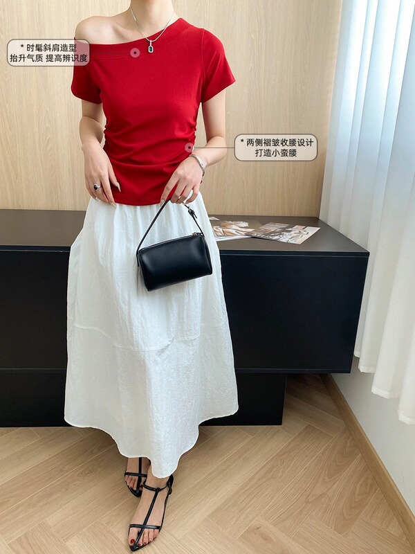 シナンブロガーがおすすめするおしゃれなイレギュラープリーツ斜め肩デザイントップスTシャツ半袖 SN7692|undefined