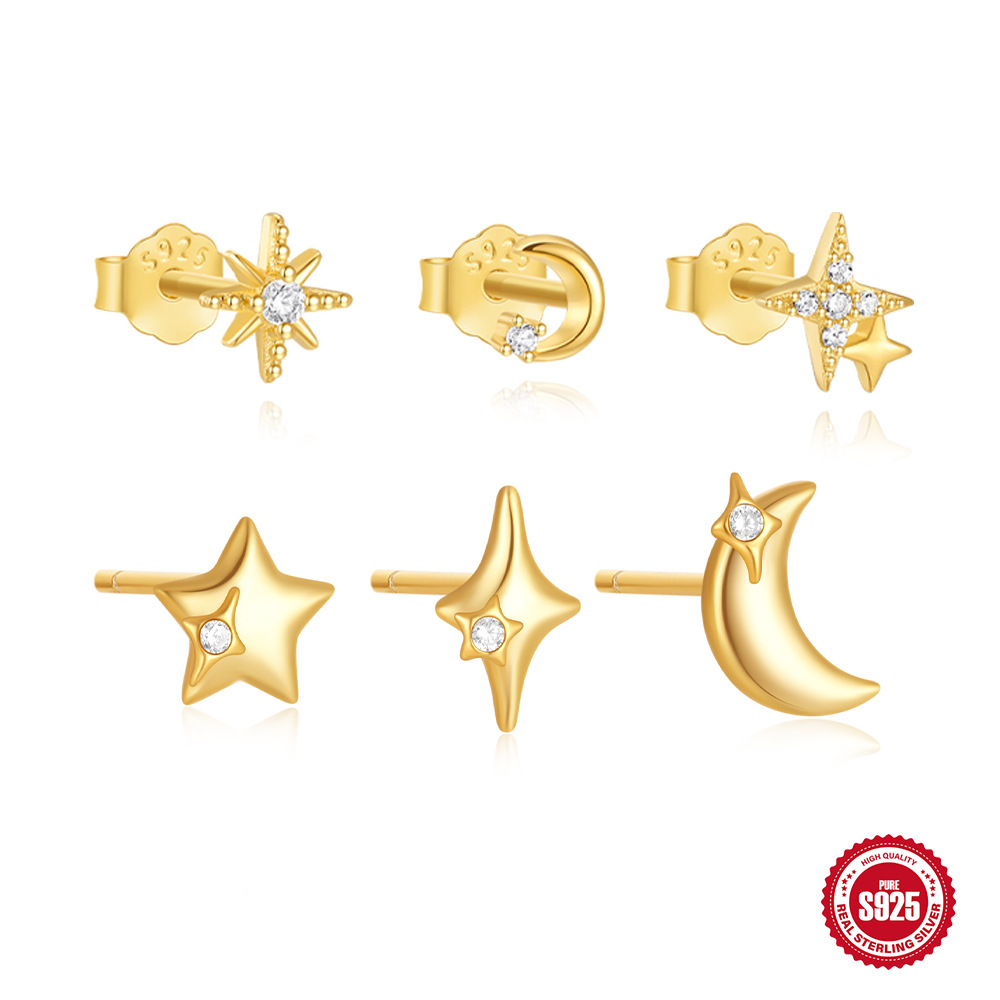 Nueva venta caliente europea y americana estilo ins s925 plata esterlina estrella luna elemento superficie brillante minimalista aretes de tres piezas pendientes