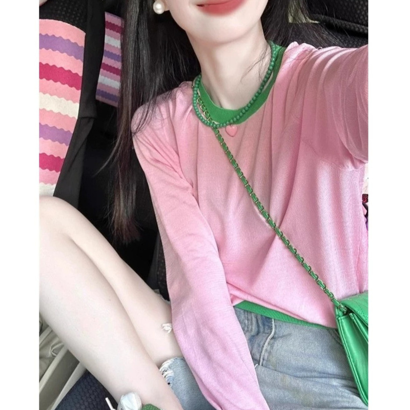 Pink Dopamine Crewneck Shoulder Long-sleeved T-shirt Women's Spring and Autumn New Loose Slimming Inner Sweet Outer Wear Top