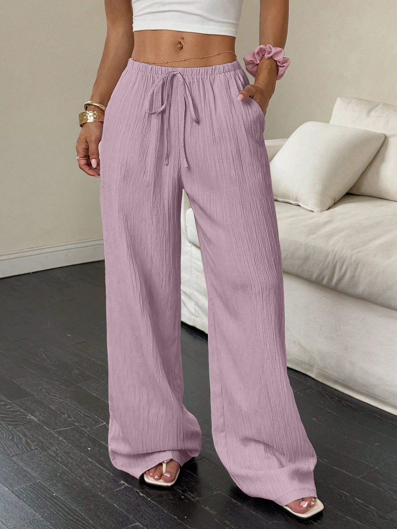 Damen Weithosen Freizeithose Mit Knotentaille Strukturstoff_voghion.com