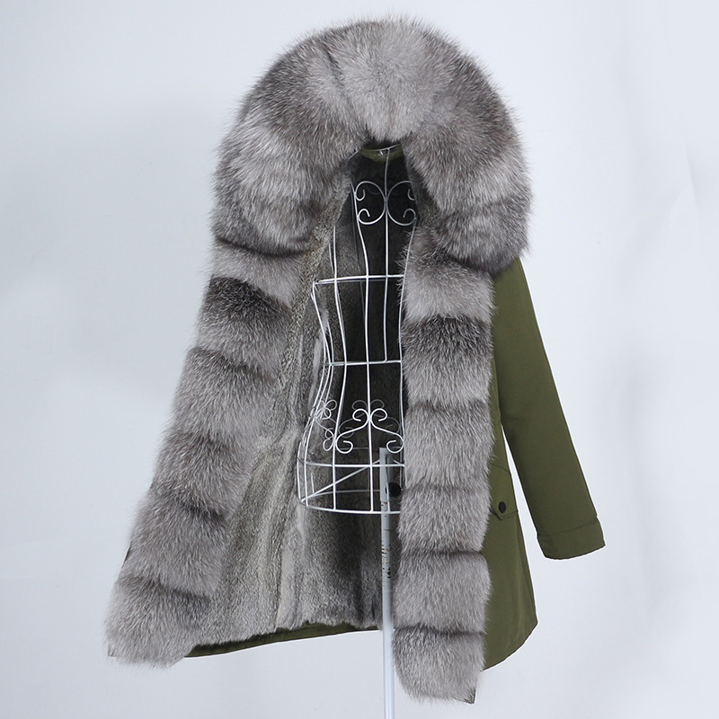 Damkläder hett säljande pälsparka dam avtagbar fodrad pälskrage med mellanlång modern varm kappa med huva_voghion.com