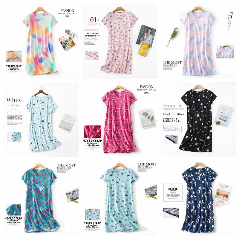 [Dropshipping Order] Cross-Border Summer Nightdress Women Plus Size Cartoon Cotton Homewear Knitted Short Sleeve Round Neck Pajamas