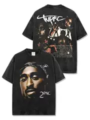 Cross-border American Retro Tupac Printed Short-sleeved T-shirt Vintage Loose Heavy-weight Crew Neck Hooded Sweater for Men and Women