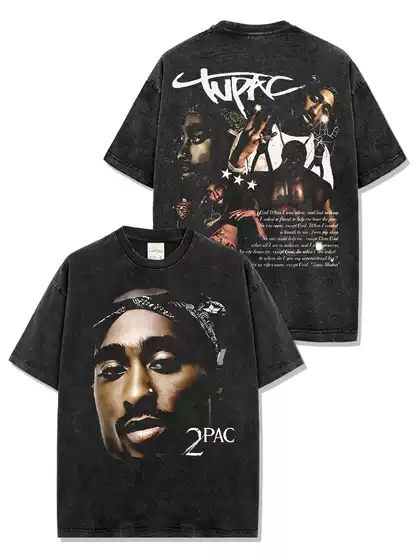 Cross-border American Retro Tupac Printed Short-sleeved T-shirt Vintage Loose Heavy-weight Crew Neck Hooded Sweater for Men and Women