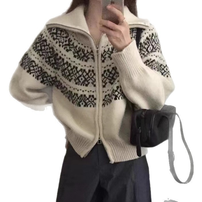 Jacquard coreano cremallera corta de punto cardigan otoño / invierno 2025 nuevo suéter de la isla de Fair chaqueta retro de Navidad