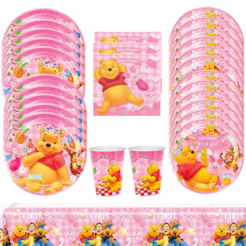 Amazon Pink Winnie the Pooh Theme Party Tableware Set Pink Bear Disposable Paper Tray Paper Cup Tissue