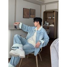 蓝色牛仔套装男装高级感夹克韩版设计感牛仔裤搭配一整套男女同款