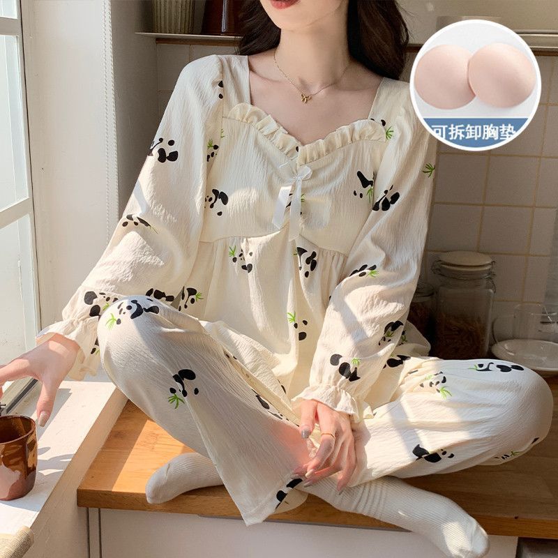春秋季女新款带胸垫方领云朵棉卡通可爱公主风格女士家居服套装|undefined