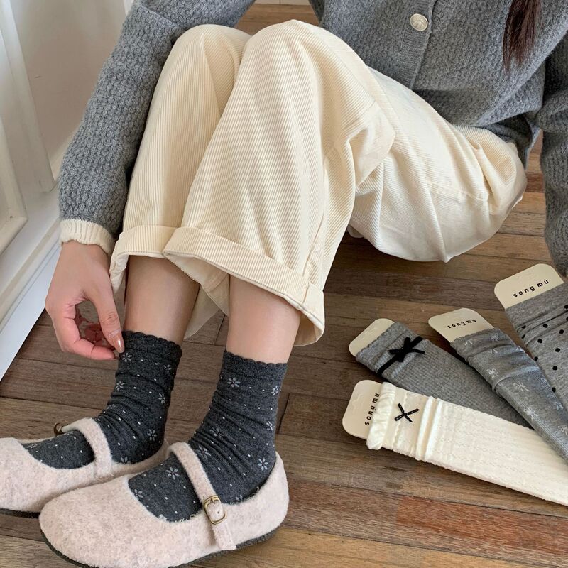 Songmu' High-End Gray Series High-End Low-Key Gray Socks for Women Ins Bow Pile Socks for Women