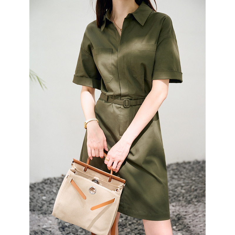 Ready-Made Manufacturer Wholesale Version, Like Crisp and Muscular, Th Cotton Elastic Waist-Cinching Lace-Up Shirt Work Clothing Dress