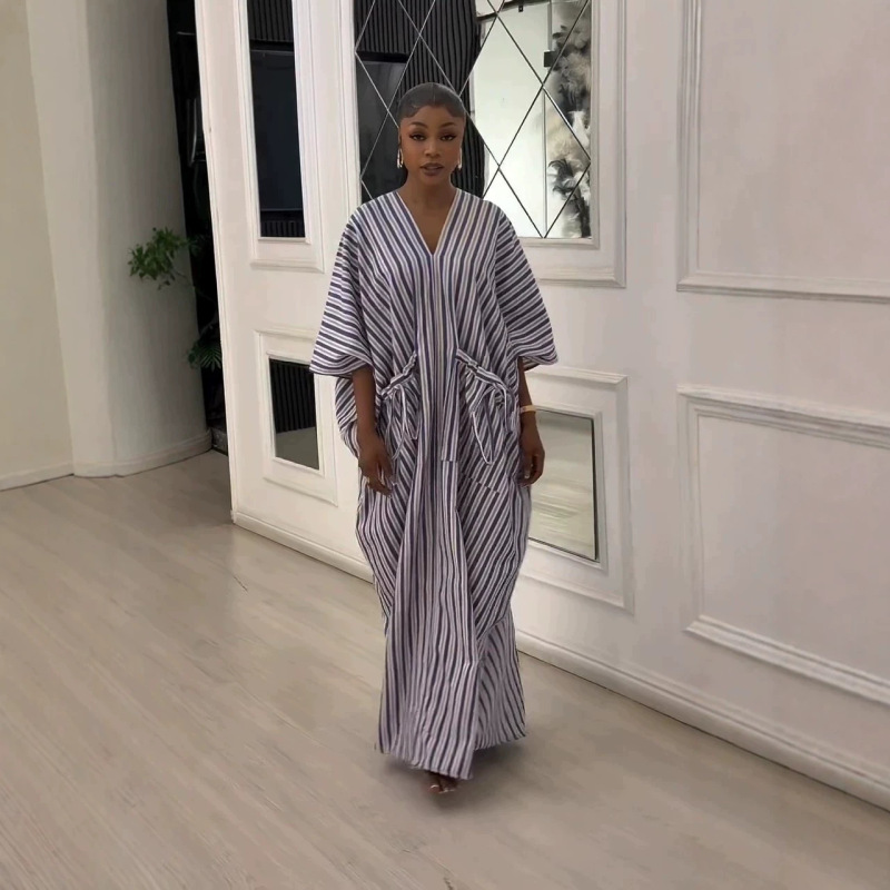 European and American Cross-Border Women's Fashion 2026 Summer New Striped V-Neck Three-Quarter Sleeve Drawstring Large Pocket Loose Long Dress