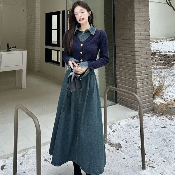 针织拼接假两件牛仔两件套上衣女装秋冬季新款a字半身裙套装裙子|undefined