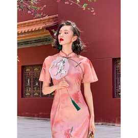 桃粉色淑女范倒大袖旗袍2026年夏新款大花改良年轻款少女日常可穿