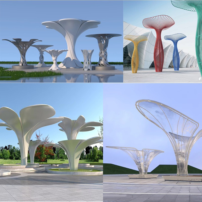 Large Stainless Steel Landscape Pergola Pavilion Metal Tree Sculpture Steel Structure Umbrella-Shaped Luminous Landmark Park Square