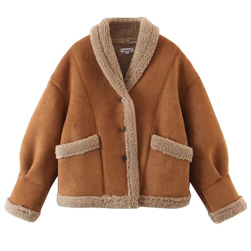 Wholesale cross-border European and American  autumn new vintage suede velvet lambswool coat, single-breasted top.