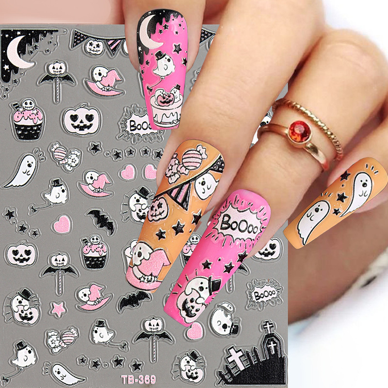 2023 cross-border hot nail stickers Halloween funny cartoon pumpkin bat skull thin tough nail adhesive stickers
