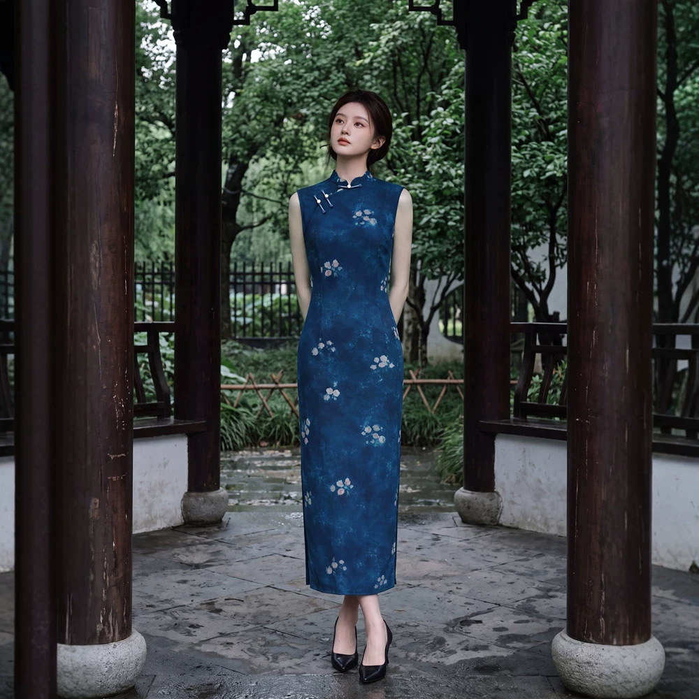 贝之韵蓝色网纱印花夏长款旗袍女2026夏新款少女无袖年轻款