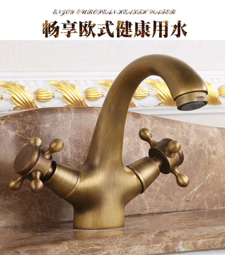 All-copper European-style antique hot and cold water faucet, washbasin, horn faucet, retro kitchen sink, rotatable retro faucet Specification drawing