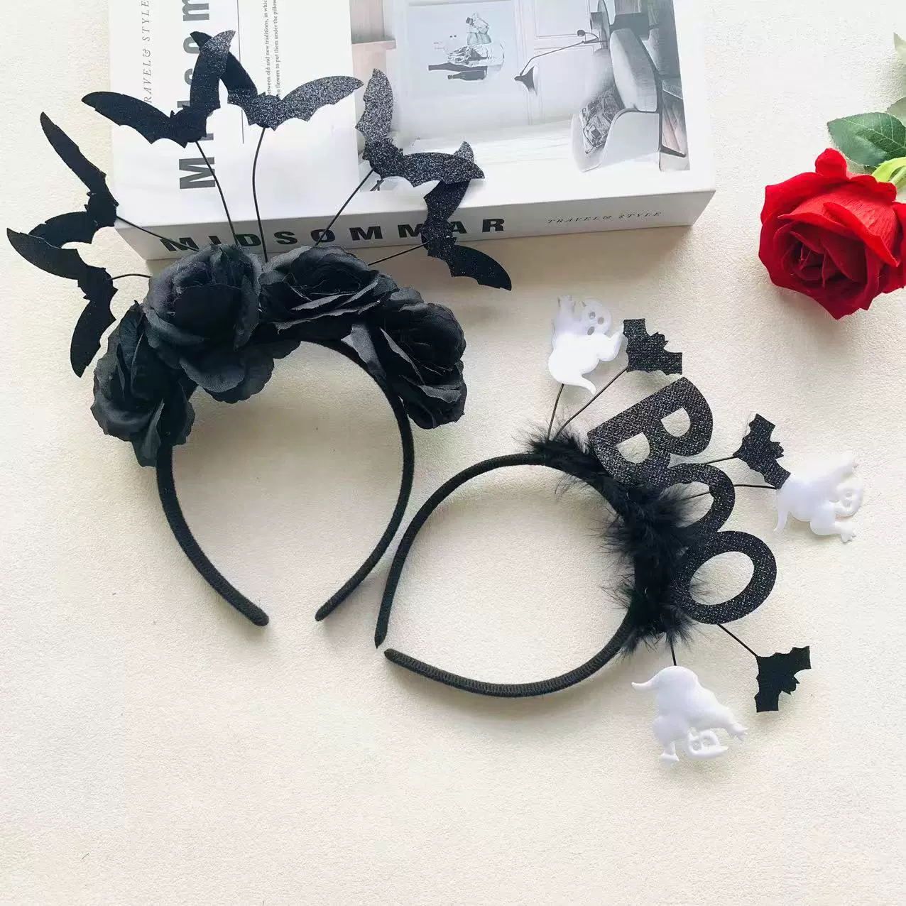 万圣节字母鬼魂发箍派对创意蝙蝠黑玫瑰舞会头箍鬼节装饰发饰批发