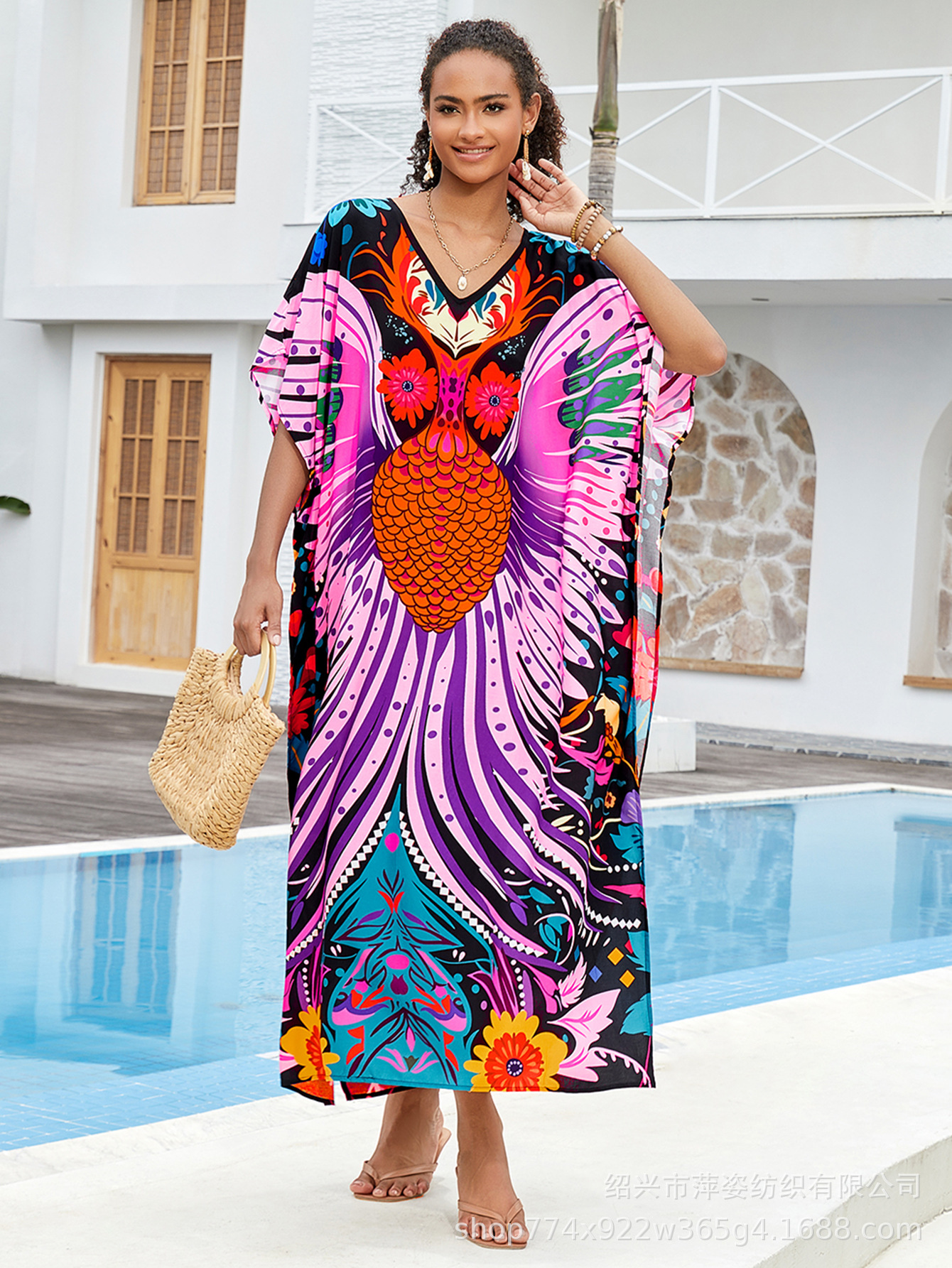 Camiseta de playa algodón impresa bohemia vestido vestido bat-mangas túnica bañador abrigo AT621