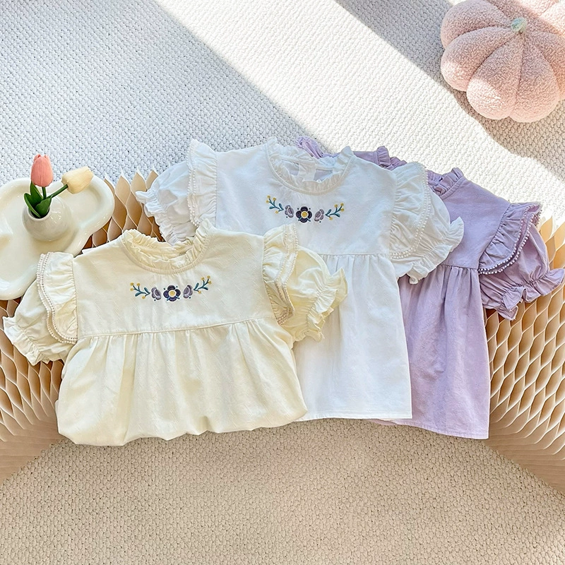 Новая девушка трехцветная кружевная вышивка рубашка летняя новая девушка кружевной воротник вышивка повседневная рубашка