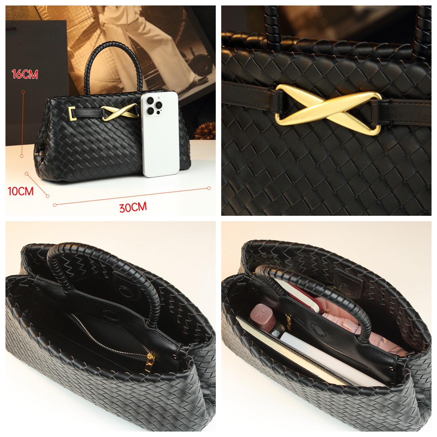 Túi tote da nữ đáy rộng phong cách retro, dung tích lớn, đeo vai đeo chéo — màu xanh lá cây, Màu trắng nhạt, màu đen, Màu nâu