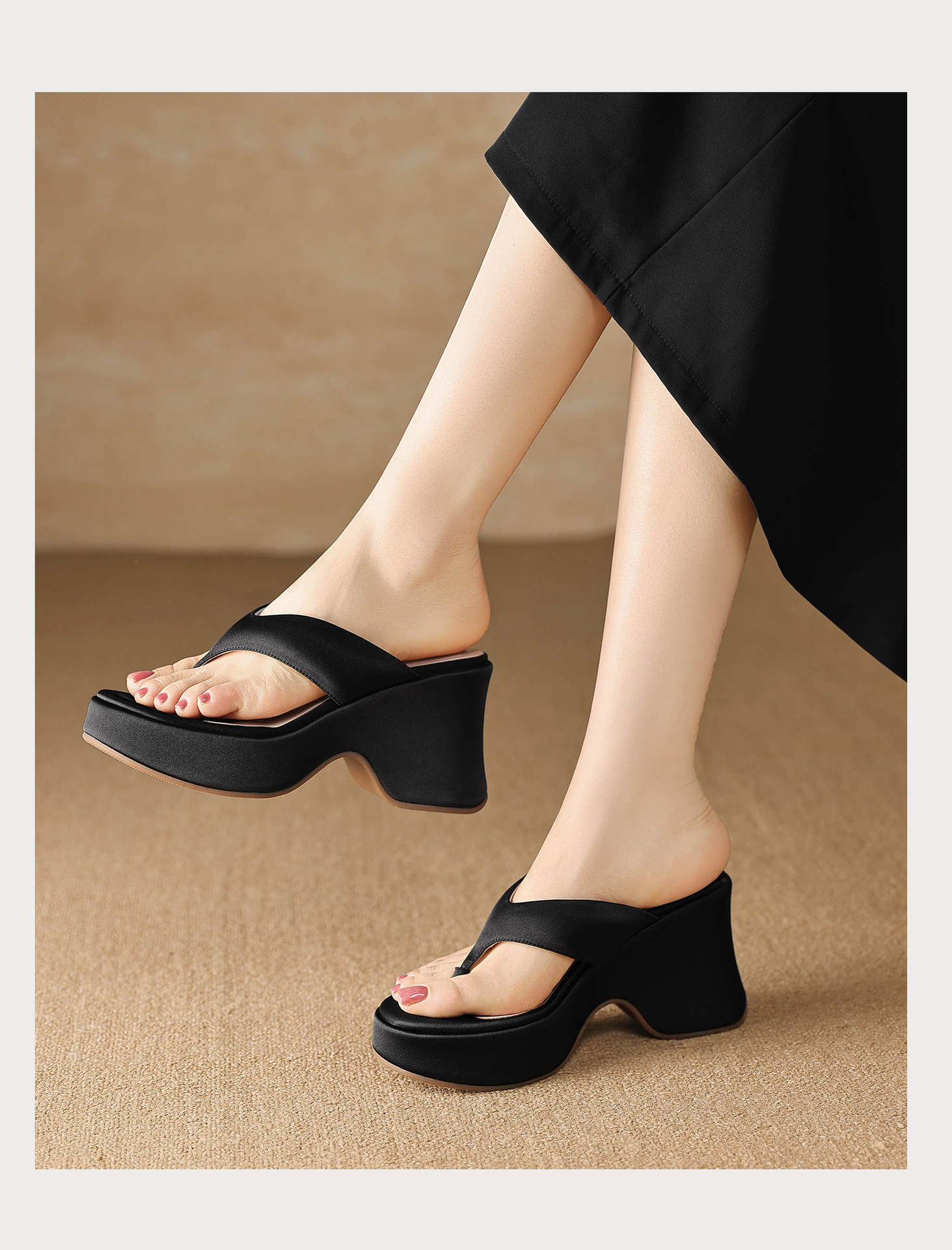 Dép sandal nữ xỏ ngón đế bệt, quai lụa mềm, đế tăng chiều cao nhẹ — màu đen, màu tím, màu mơ chi tiết 17