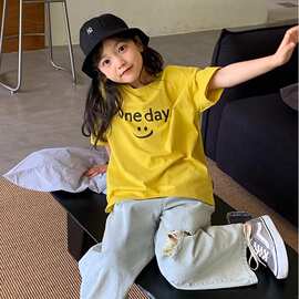 女童短袖T恤棉质夏季薄款2024新款韩版宽松初中儿童笑脸街舞上