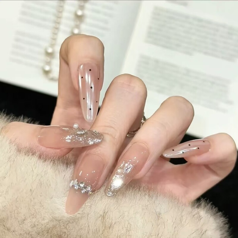 【Champagne Polka Dot】Nude Crushed Diamond Handmade Polka Dot Wearable Nails, Light Luxury French Manicure Finished Nail Pieces Wholesale 【Champagne Polka Dot】Nude Crushed Diamond Handmade Polka Dot Wearable Nails, Light Luxury French Manicure Finished Nail Pieces Wholesale
