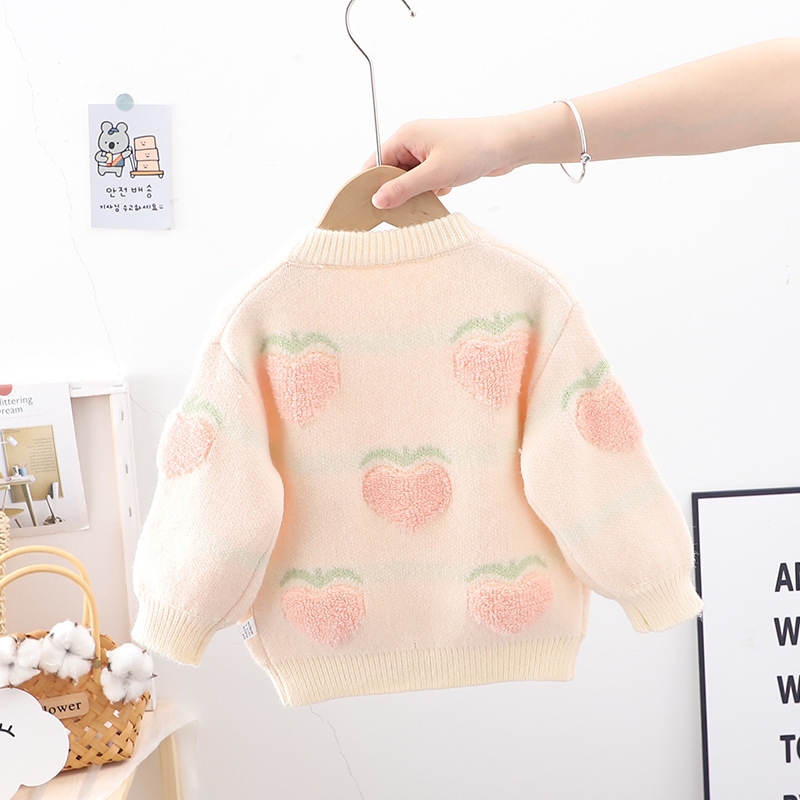 2024 frühjahr Neue Koreanische Herbst und Winter Mädchen Rundhals Pullover Strickjacke Große Pfirsich Cartoon Kinder Top_voghion.com
