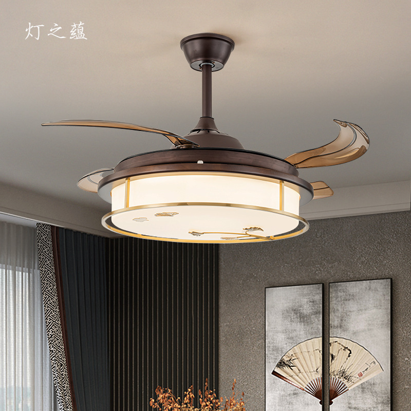 新中式餐厅风扇灯吊扇灯全铜简约实木设计师卧室家用变频电扇灯具